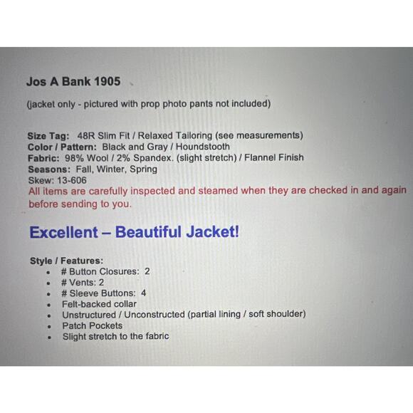 Jos A Bank 1905 48R Slim Gray Black Houndstooth Flannel Unstructured Blazer - Picture 2 of 16